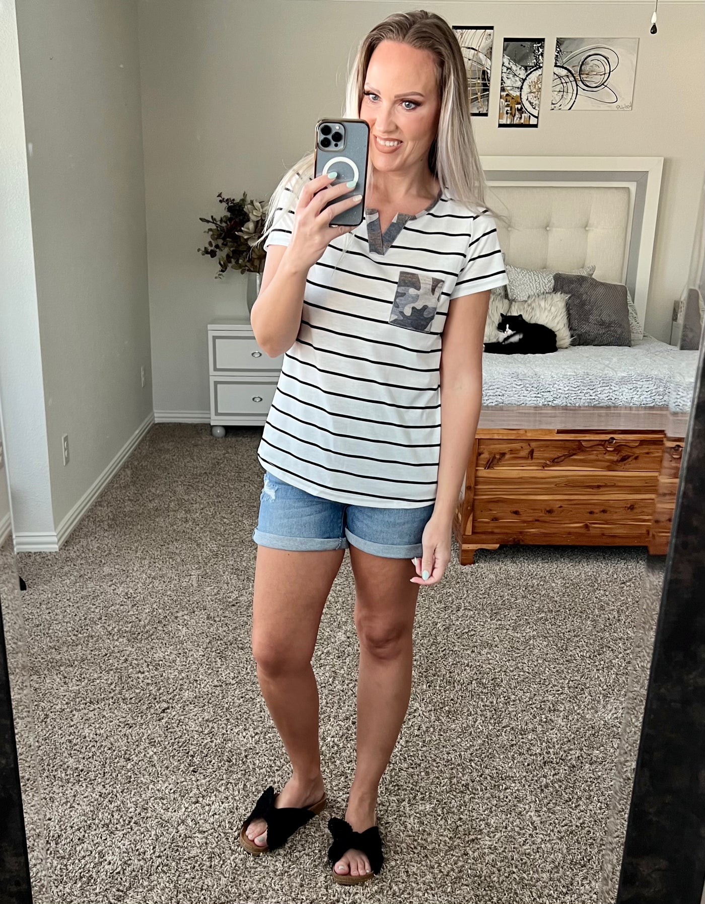 Sara Striped Camo Color Block Pocket Tee