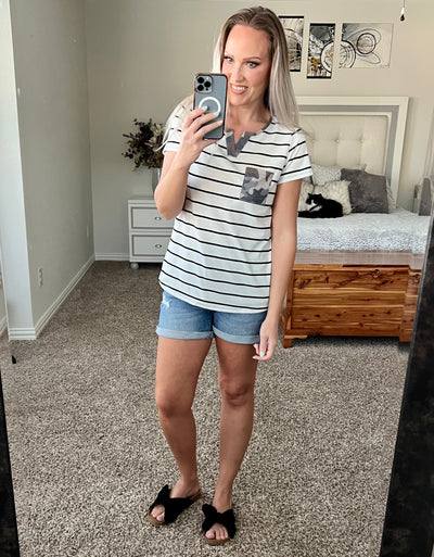 Sara Striped Camo Color Block Pocket Tee