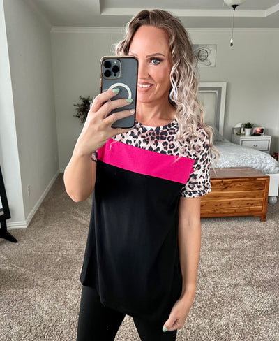 Elle Leopard Print Color Block Top