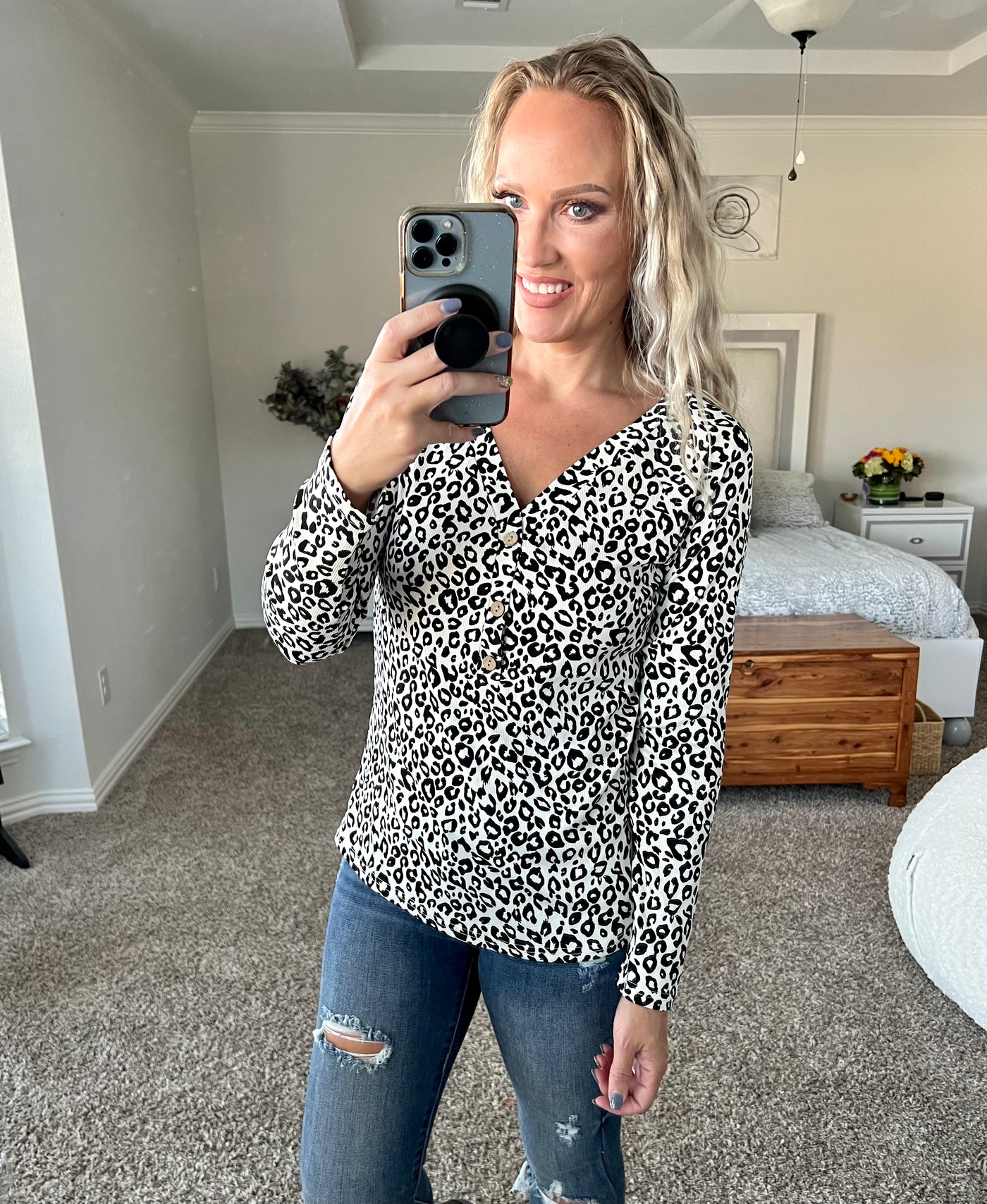 Lottie Leopard Print Button V-Neck Top