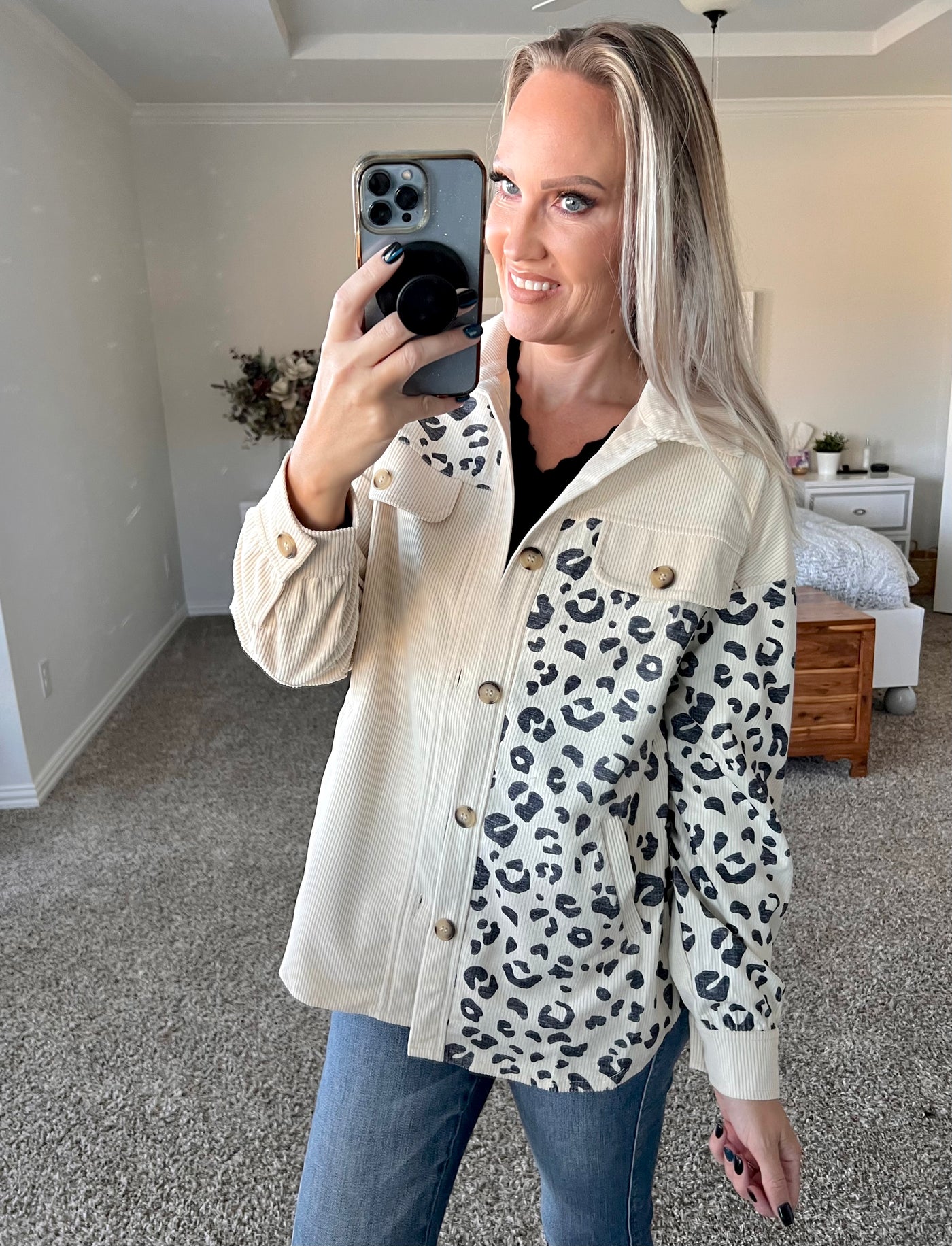 So Soft Leopard Print Color Block Corduroy Shacket