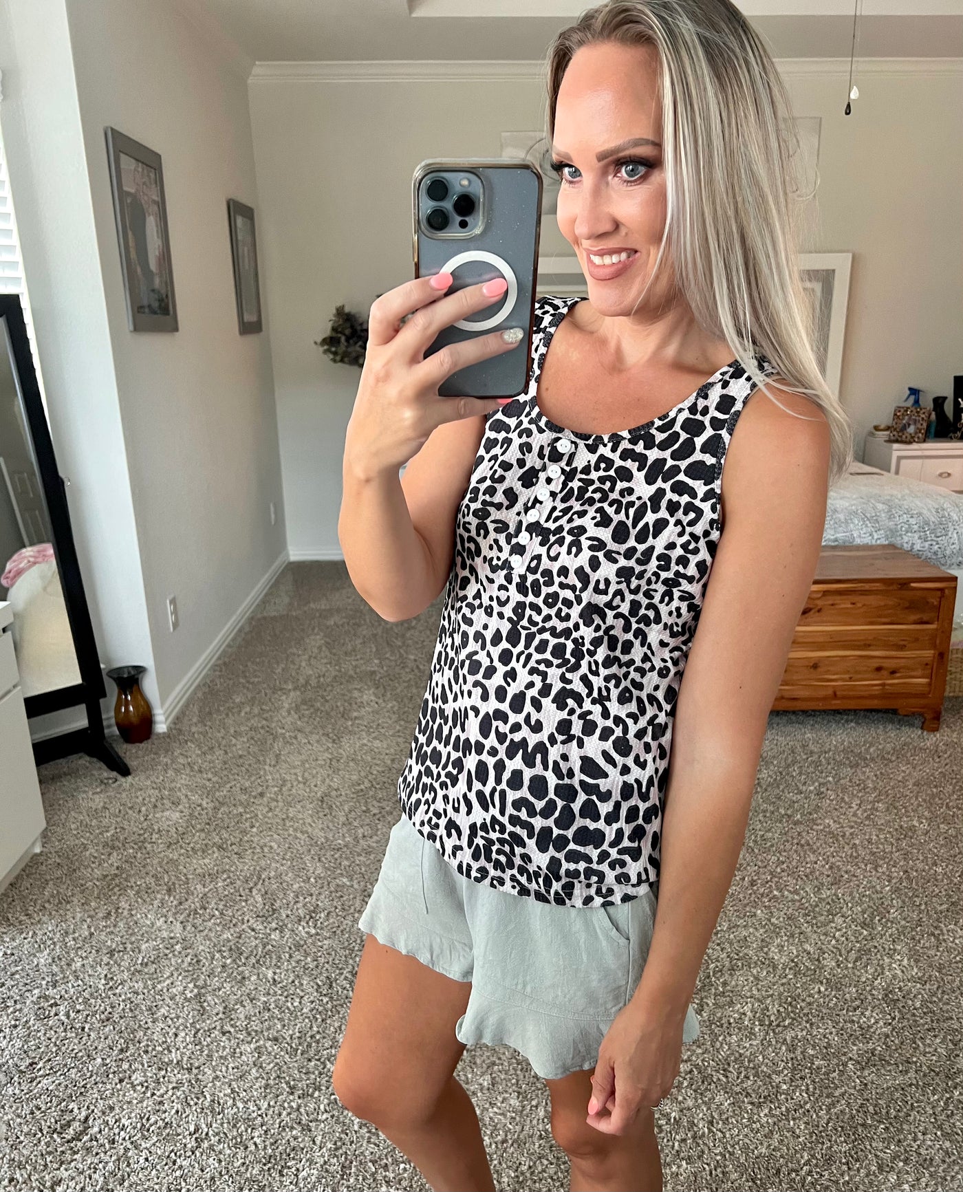 Danica Leopard Print Decorative Button Tank