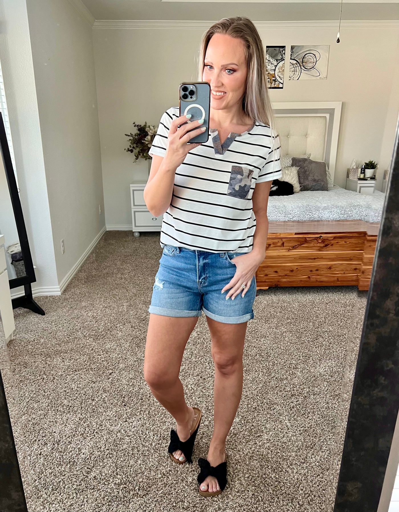 Sara Striped Camo Color Block Pocket Tee