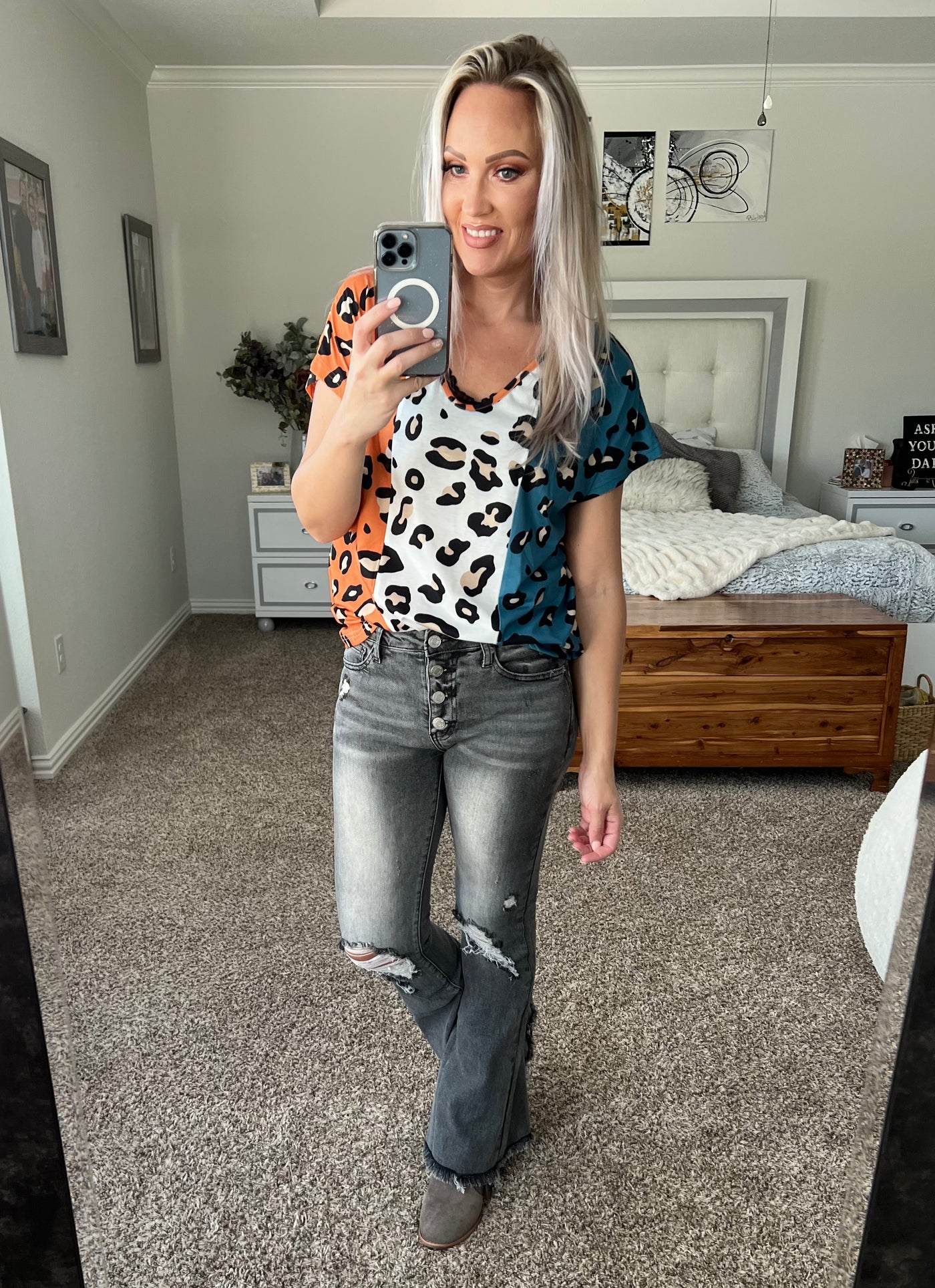 Corah Leopard Color Block V-Neck Top