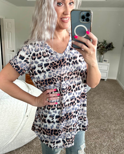 Layla Leopard Striped V-Neck Short Sleeve Tee