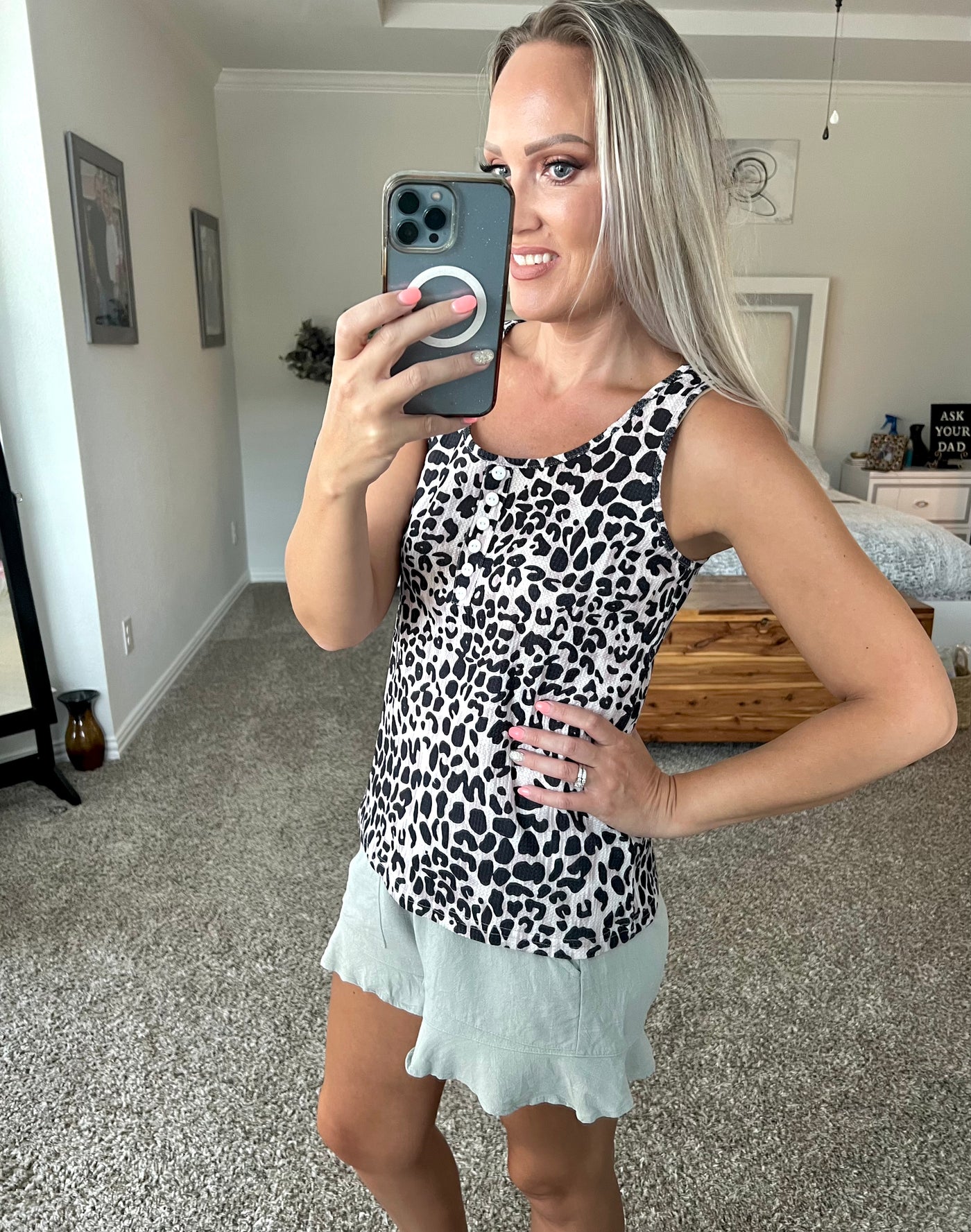 Danica Leopard Print Decorative Button Tank