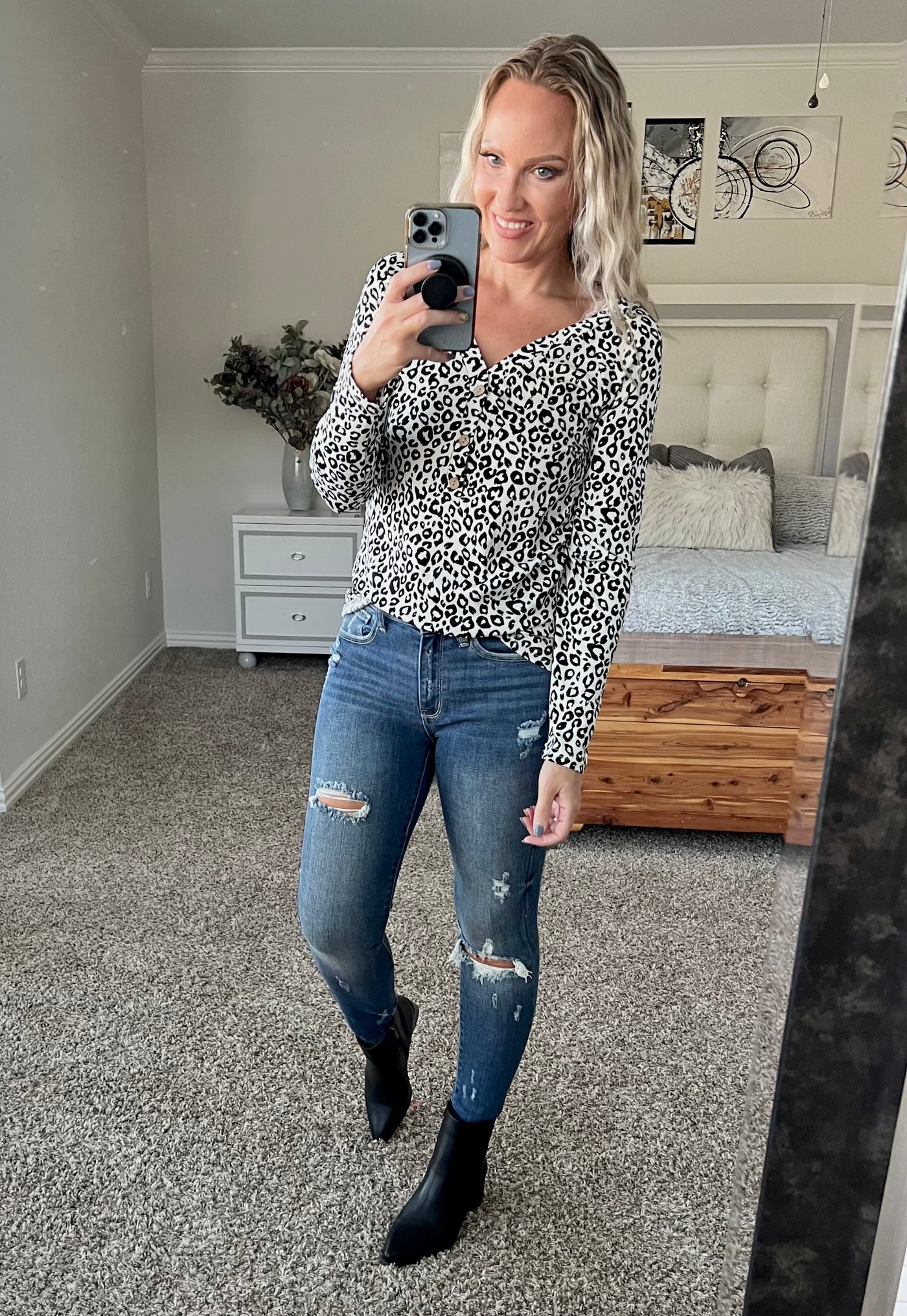 Lottie Leopard Print Button V-Neck Top