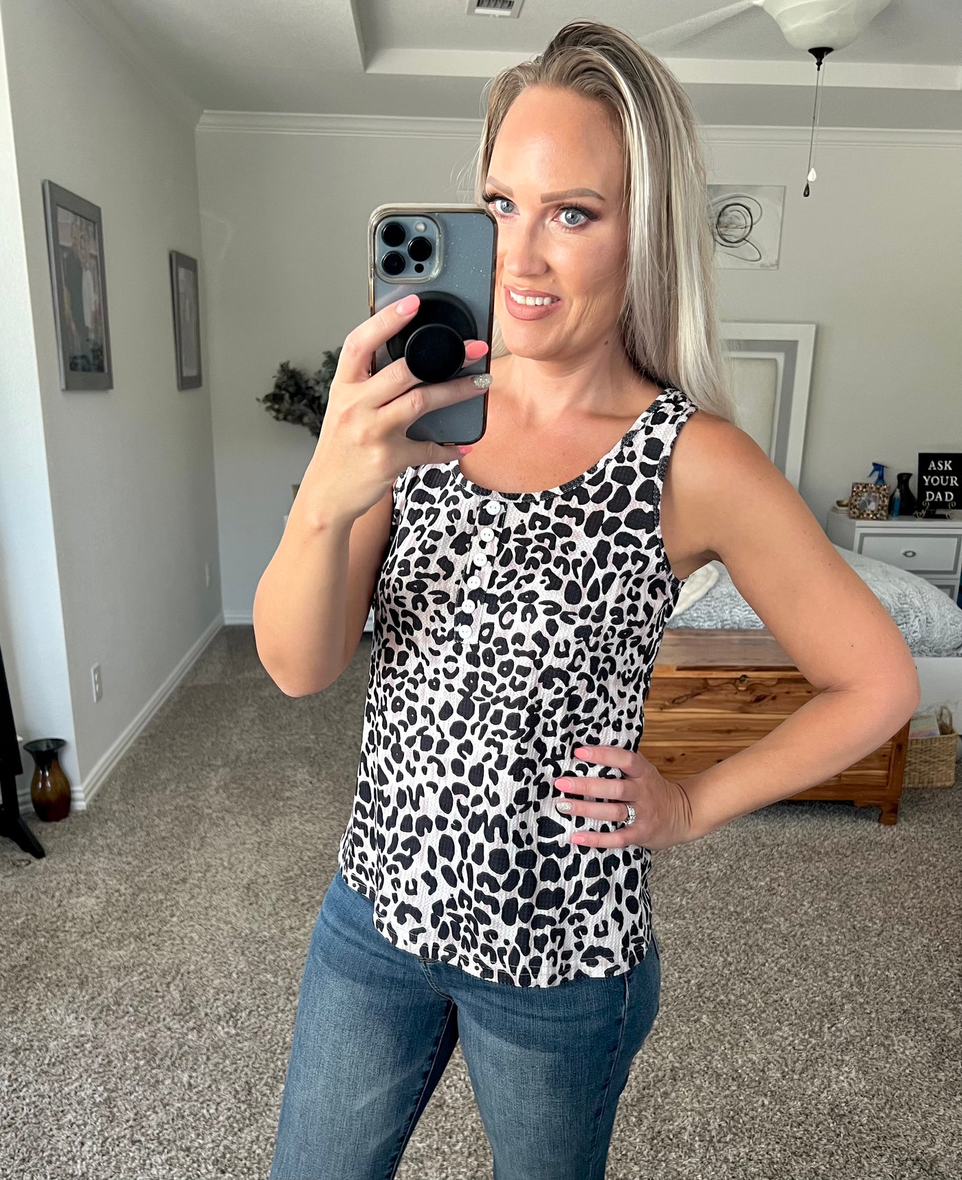 Danica Leopard Print Decorative Button Tank