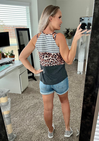 Leighton Striped Leopard Striped Color Block Cutout Tank