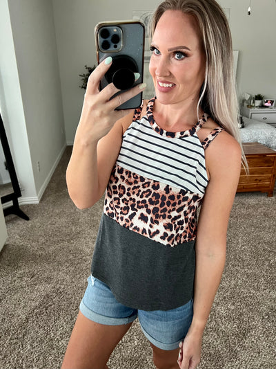 Leighton Striped Leopard Striped Color Block Cutout Tank