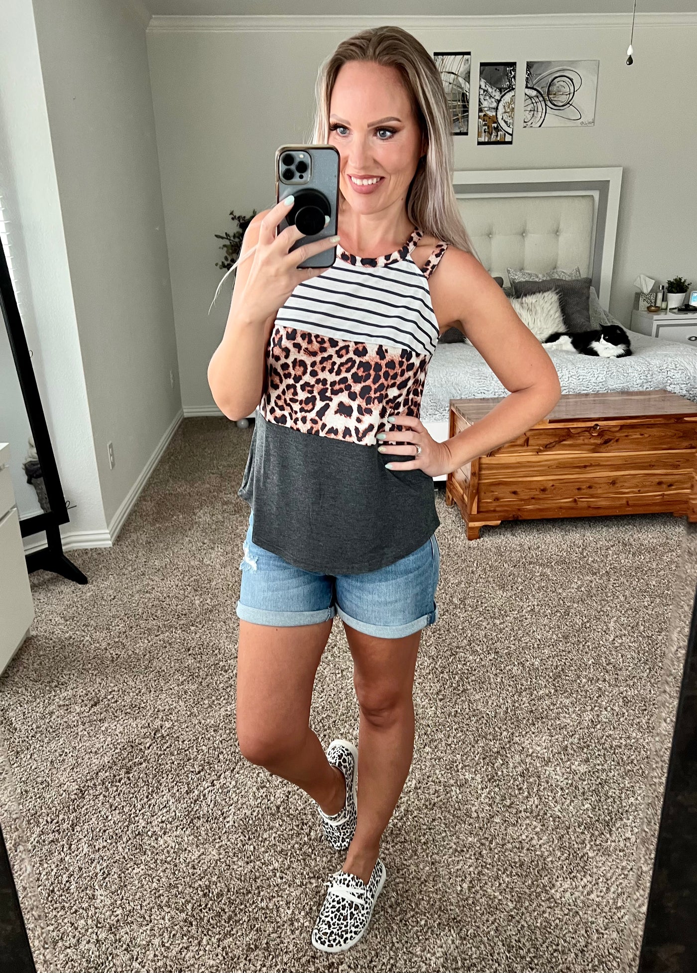 Leighton Striped Leopard Striped Color Block Cutout Tank