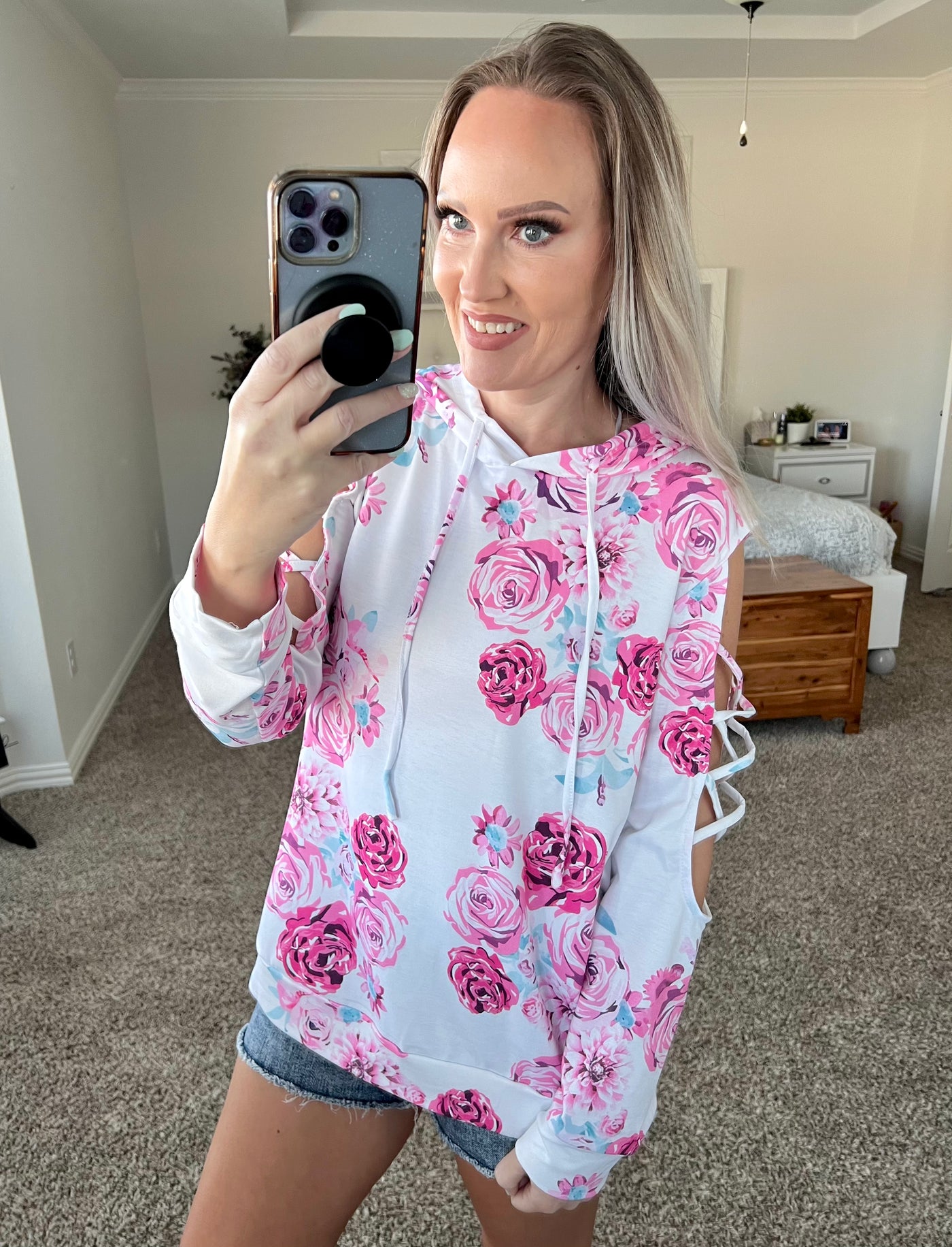 Amelia Floral Crisscross Open Arm Drawstring Hoodie