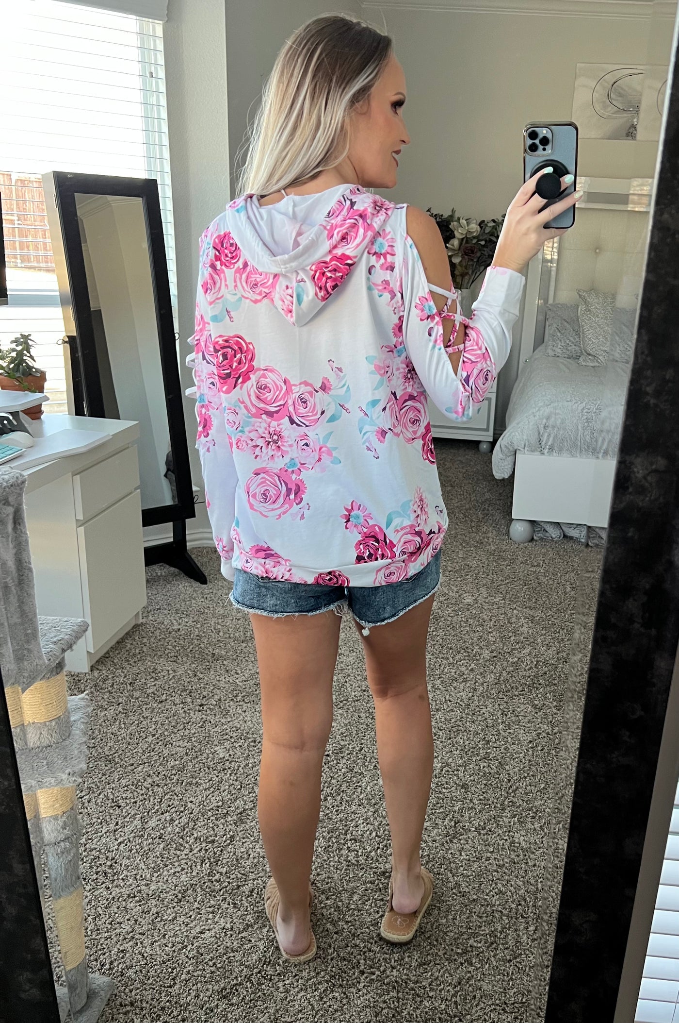 Amelia Floral Crisscross Open Arm Drawstring Hoodie