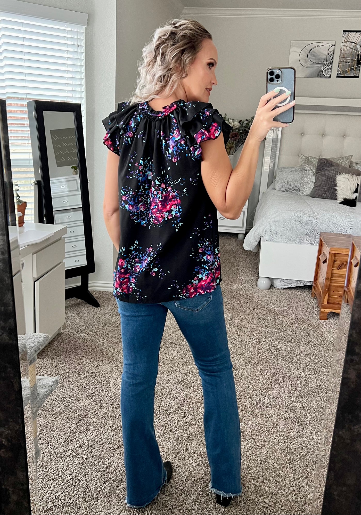 Evie Floral Tie-Neck Flutter Sleeve Blouse