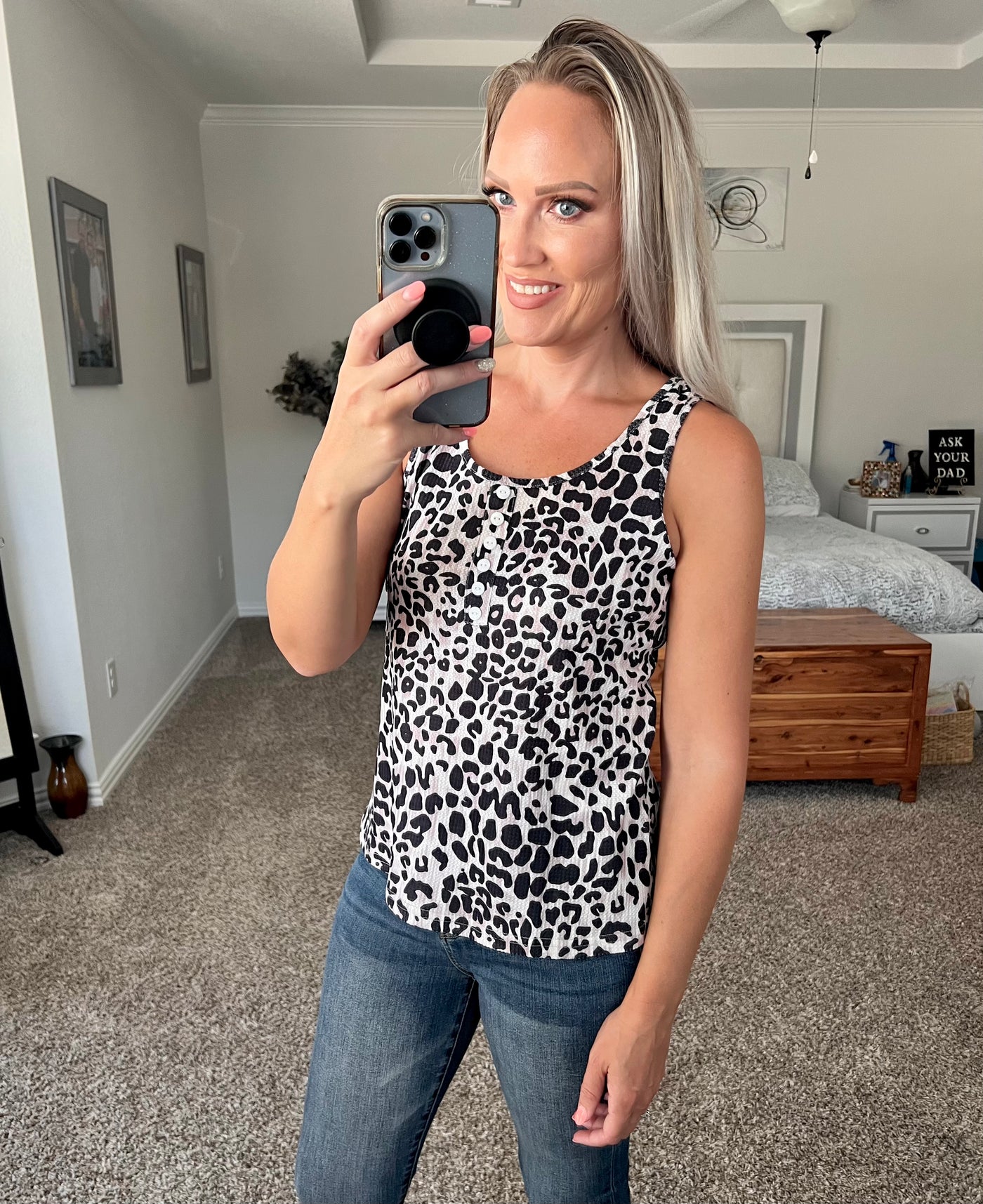 Danica Leopard Print Decorative Button Tank