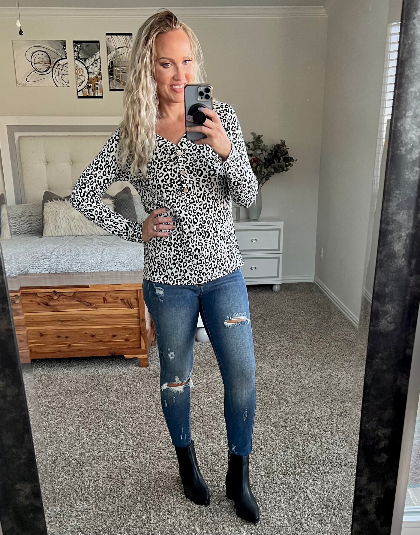 Lottie Leopard Print Button V-Neck Top