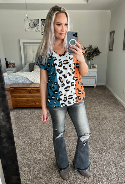 Corah Leopard Color Block V-Neck Top