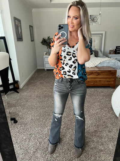 Corah Leopard Color Block V-Neck Top