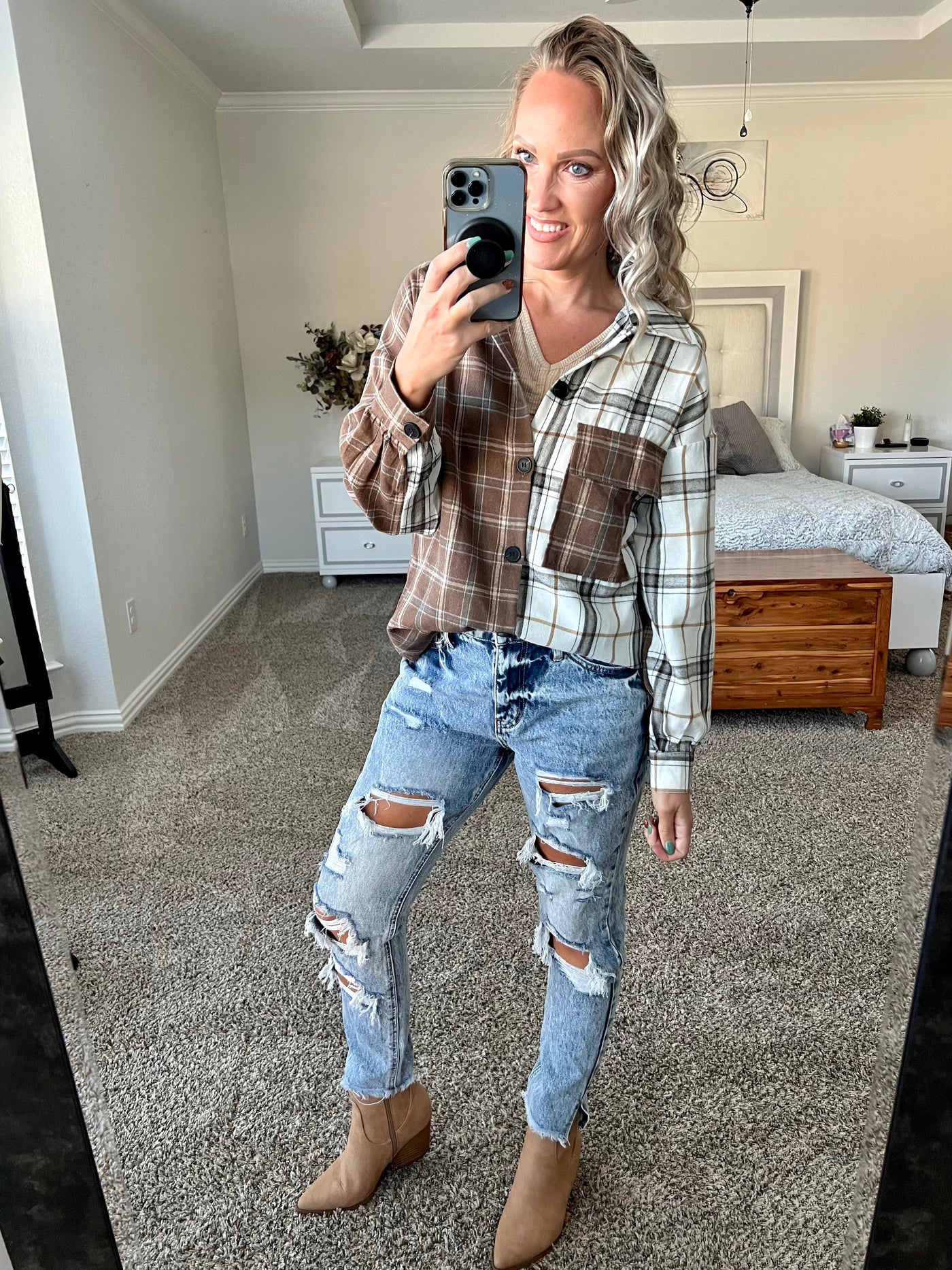 Farrah Plaid Color Block Flannel Top