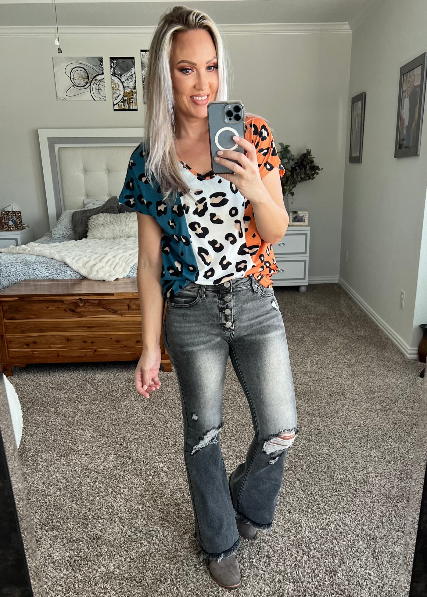 Corah Leopard Color Block V-Neck Top