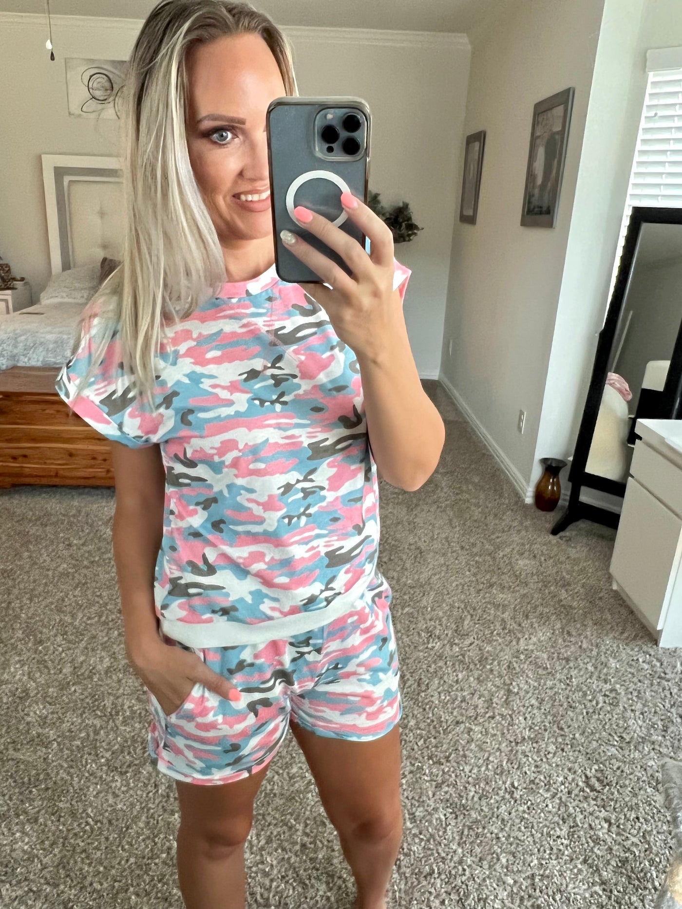 Cyan Pink Camo Summer Lounge Set