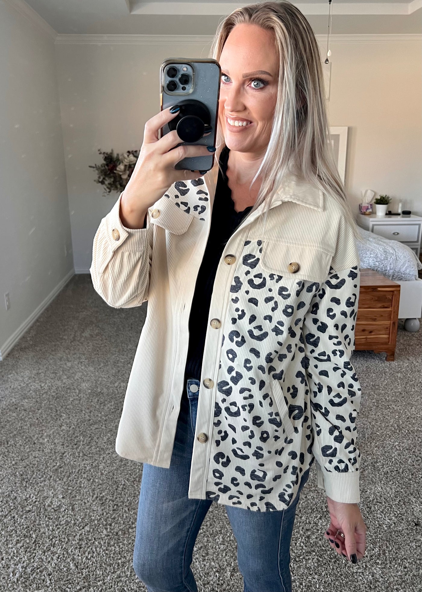 So Soft Leopard Print Color Block Corduroy Shacket