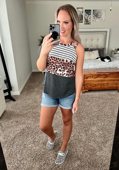 Leighton Striped Leopard Striped Color Block Cutout Tank