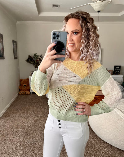 Serenity Yellow, sage and white color block sweater