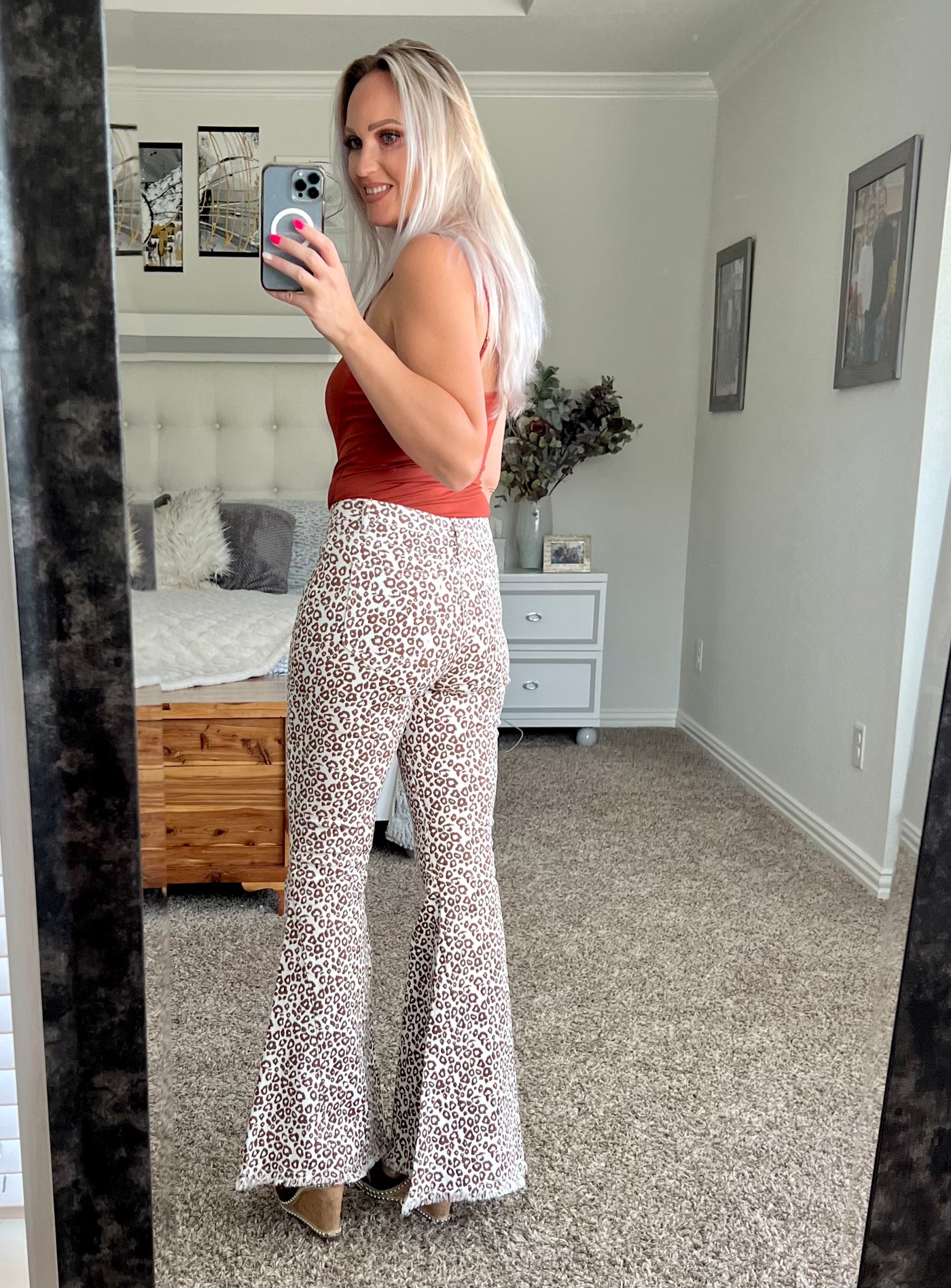 Lisa Leopard Raw Hem Flare Pants